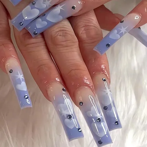 24PCS Long Coffin Ballet False Nails Gradient Blue with Heart Rhinestone Design Press on Nails Women Girls Nail Salon Manicure