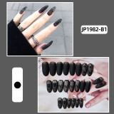 24PCS False Nails with Black Rose Printed Design Fake Nail Patch Round Head MId Length Detachable Women Nail Art Tips With Glue