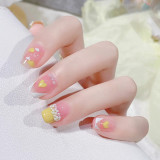 24pcs Pink Smudges False Nails Patch Glue Type Removable Short Paragraph Manicure Nail patch Finished Printing Fake Nails