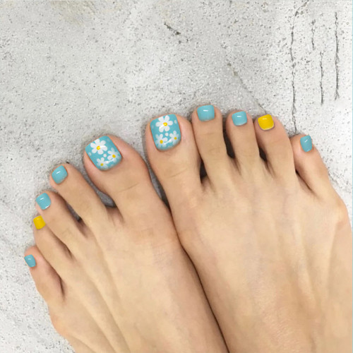 24 PCS Toe Acrylic Fake Toe Nails With Floral Design False Nails Blue Color Press on Toe Nail for DIY Manicure Nail Salon Tool