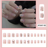 24PCS Press on Nails Full Finished Cute Short Style With Shiny Rhinestones Design Fake Nails Patches Summer Nail Art Decorations