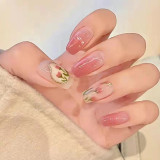 24pcs Tulip Printed Nail Patch Nude Color Wearable Artificial Fake Nails Full Cover Sweet Nude Pink Nail Tips Art Accessories