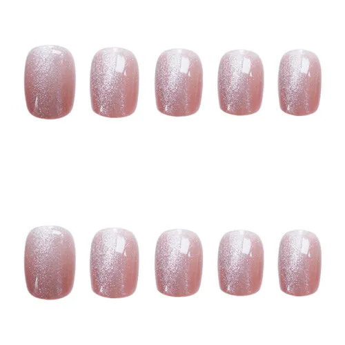 24pcs short Pink Glitter Nail Patch Cat eye False Nail Patch Acrylic artificial nails Women girl Nail DIY fake Nail Tips