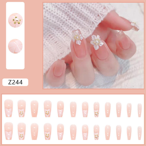 3D Floral Fake Nails Nude Pink Press on Nails Long Paragraph Manicure Salon Nail Art False Nail Removable Full Finished for Girl