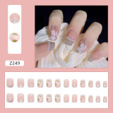 24PCS Press on Nails with Cherry Blossoms Prnited Fake Nail Ins Summer Girl Nail Art Mid Length Coffin False Nail Manicure Tool
