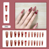24pcs Jelly Burgundy Color Coffin Press On Nail tips With Bow Love Heart Print Full Cover Fake Nails  Wearable Nail Art Tips