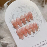 24PCS Full Finished 3D Flower Carved Fake nails Long Coffin Ballet Press on Nails Nude Color Flower Design Girl Lady Nail Art