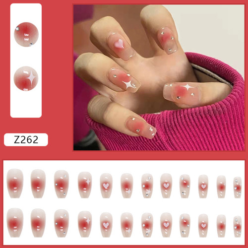 24pcs False Nails Heart with Shiny Diamond Sweet Long Press On Nails Elegant Fingernails Stickers Artificial Nails Manicure Tool