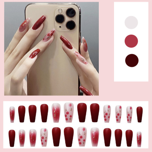 24PCS Fake Nail Red Flower Printed Press On Nails Sweet Style Fake Nails Removable Wearable Summer Women Stick on Nails Patch