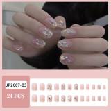 24PCS Press on Nails Full Finished Cute Short Style With Shiny Rhinestones Design Fake Nails Patches Summer Nail Art Decorations