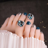 Shiny Style Fake Toenails Blue Color Wearable Foot Fake Nails Short Press on Foot Nails Rhinestone Decor Full Finished Nails Tip