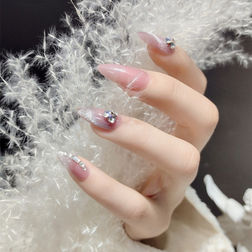 24PCS Glitter Fake Nails Long Pointed Head Rhinestone Decor Full Cover Women Fake Nail Wearable Finished Nail Patch with Glue