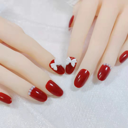 24PCS Wine Red Fake Nail Patch French Style Waterproof Girls Bride Wearable Detachable Full Finished Fake Nails False Nail Patch