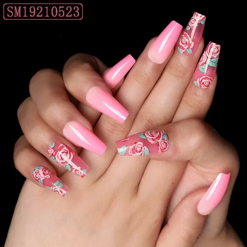 European Fake Nails Women Nail Art Mid length Coffin Ballerina Rose Pink Printing Design Wearable Finished False Nails With Glue