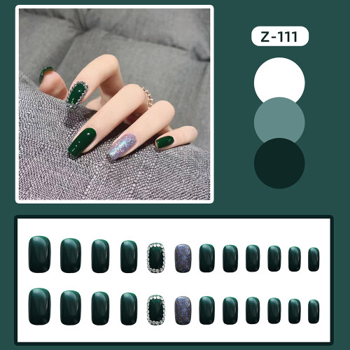 24pcs Dark Green False Nail with 3D Rhinestones Decor Detachable Manicure Tool Fake Nail for Women Girl Nail DIY Press on Nails