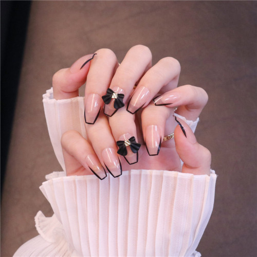 24pcs Fake Nails With Bow Design Cat Eye Style Middle Long Press On Bride Lady Nails Wedding Party Full Finished Art False Nails