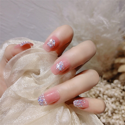 24PCS Pink False Nail with Shiny Rhinestones and Pearl Design Wearable Manicure Patch Press on Finger Nail Full Cover Fake Nails
