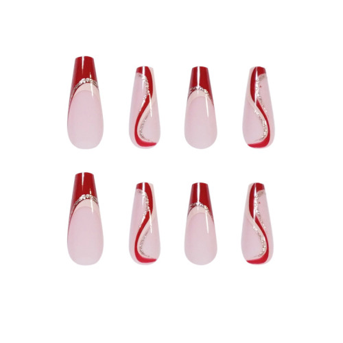 24PCS Red White Wave Fake Nails Mid-length Ballet Wearable Fake Nails press on Nail Tips Full Cover  Girl Nail Art Decoration