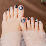 24pcs Blue Color Japanese Summer Wearable Foot Fake Nail Short Length Paillette Faux Rhinestone Decor Finished press on toenails
