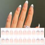 24pcs Point Head False Nails Tips Press On Nail with Heart Print Design Girl DIY Nail Patch Removable French Style Fake Nails
