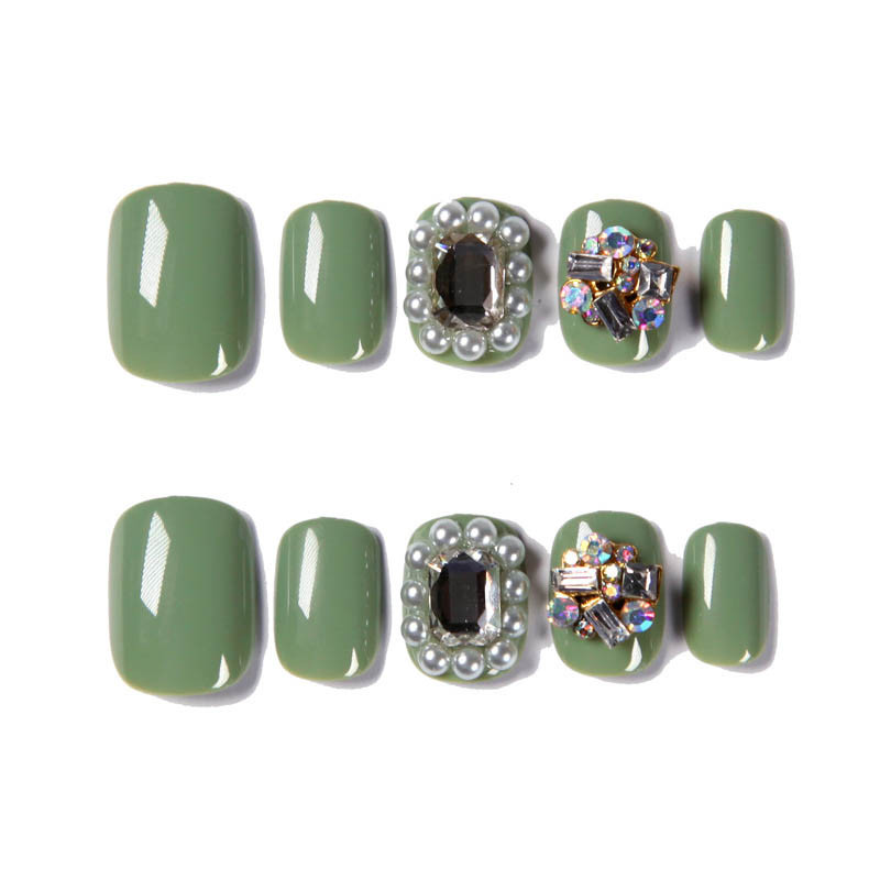 24pcs Women Wearable Full Cover Fake press on Nails Fresh Japanese Style Matcha Green with Shiny Rhinestone fake nails with gule
