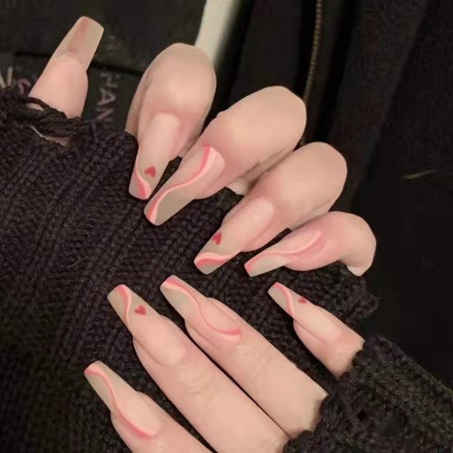 24PCS Press on Nail with Pink Lines Design Full Cover Long Coffin Ballet Women Removable Fake Nails Full Finished Stick on Nails