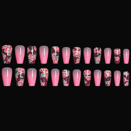 European Fake Nails Women Nail Art Mid length Coffin Ballerina Rose Pink Printing Design Wearable Finished False Nails With Glue
