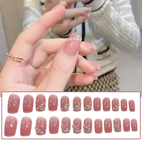 24PCS Press on Nail Pearl Design Pink Color Fake Nails Full Finished Girl Removable Summer Sweet Style False Nails Nail Decor