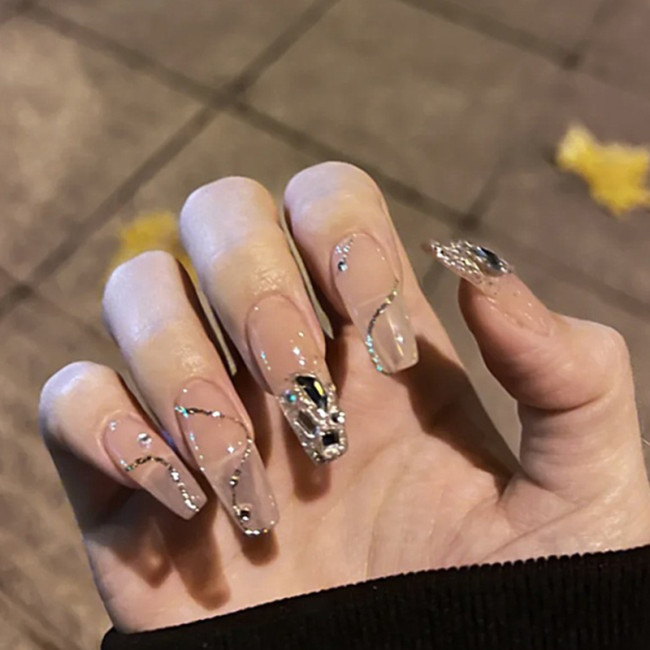Glitter Rhiestones Design Fake Nails Long Coffin Ballet Stick on Nail Art Full Finished Nail Patch Removable Lady Girl Nail Art