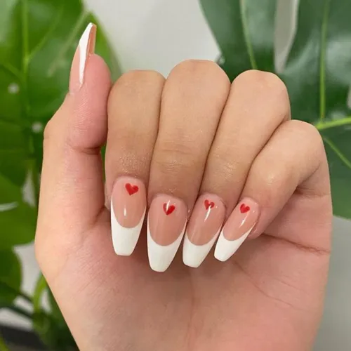 24pcs Point Head False Nails Tips Press On Nail with Heart Print Design Girl DIY Nail Patch Removable French Style Fake Nails