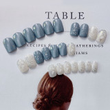 24pcs Gray blue marble pattern short false nails round head press on nails with designs for grils acrylic artificial nail tips