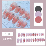 24PCS Full Finished Light Blue Fake Nails Press on Nails with 3D Rhinestone Design Full Finished Artificial False Nails Press On