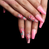 European Fake Nails Women Nail Art Mid length Coffin Ballerina Rose Pink Printing Design Wearable Finished False Nails With Glue