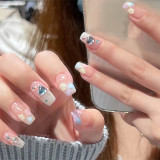 24PCS Press On Nails with Diamond Butterfly Design White Fake Nails Coffin Ballet False Nails Manicure Salon DIY  Full Finished