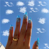 24pcs False Nail Long Pointy Head Wearable Fake Nails With Glue Blue Sky White Cloud Water Drop Nail Stickers Press On Nail Tips