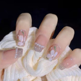 24pcs Tulip Printed Nail Patch Nude Color Wearable Artificial Fake Nails Full Cover Sweet Nude Pink Nail Tips Art Accessories
