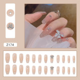 Coffin Ballet Fake Nails With Shiny Bow and Diamond Decor French Style Press On Nails Wearable Full Finished  False Nail Patch