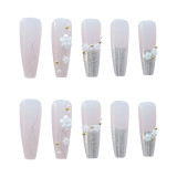24pcs Glitter Design Fake Nail Patch Coffin Long 3D White Flower Print Nail Art Patches Full Finished Women Girl False Nail tips