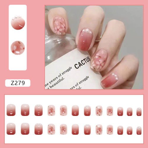 Gradient Pink Sakura Printed False Nails Sweet Summer Girl Nail Art Press On Nails Full Finished Fake Fingernails Stickers 24PCS