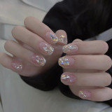 24PCS Press on Nails Full Finished Cute Short Style With Shiny Rhinestones Design Fake Nails Patches Summer Nail Art Decorations