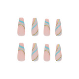 European Fake Nails Women Coffin MId Length False Nails Tip with Stripe Design Press on Matte Nail Patch for DIY Art Nail Salon