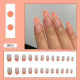 24pcs Fake nails with Orange Lines Printed Design Nail Patch Round Head Press on nail tips nude color False Nail Patch with glue