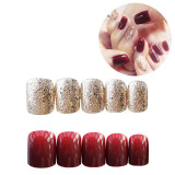 Gorgeous Women Nail Art tools 24pcs/set Red Gold Cady Glitter Color  Fake Nails With Glue Short Full Nail Tips Hybrid Nail TY