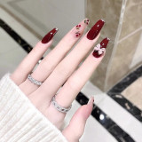24Pcs Coffin Press on Nails Full Finished Deep Red False Nails Cherry Pattern Fake Nails for Women and Girls Fake Nail Patch