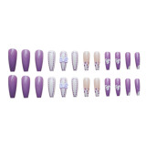 24PCS Ins Fake Nails Purple and White Heart Pattern Fakes Nails Long Pointed Head Full Finished Press on Nails Girl Nail Ar
