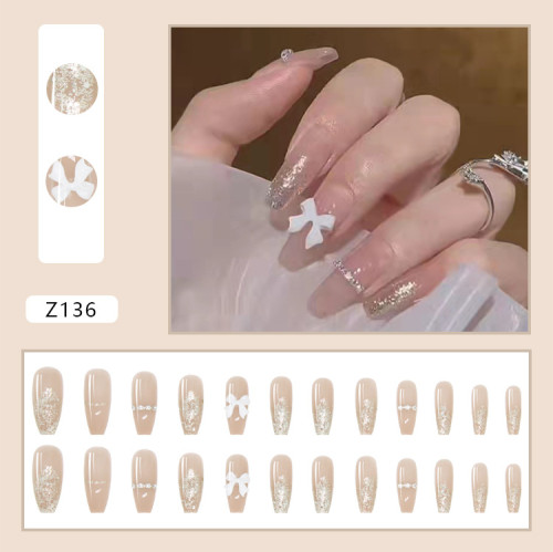 French Ins Style Fake nails with White Bow Design Shiny Coffin Ballerina Girl Artificial Nails False Nail Patch with Glue 24PCS