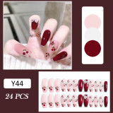 24Pcs Coffin Press on Nails Full Finished Deep Red False Nails Cherry Pattern Fake Nails for Women and Girls Fake Nail Patch