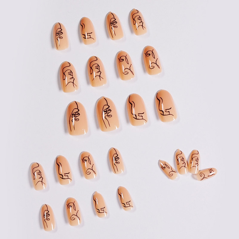 24pcs/box nude color french fake nails with a pattern oval head full cover artificial nails with glue pre design acrylic nails