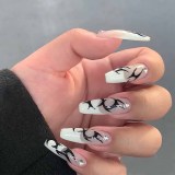 24pcs False Nails with Flower Print Mid-length Coffin Ballet Press on Nails Green Fake Nails Ballerina Women Wearable Manicure