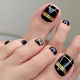 24pcs French Press on Toenails Patch Removable Short Full Finished Black Bow Manicure False Toe Nails Tips Nail Art Salon DIY